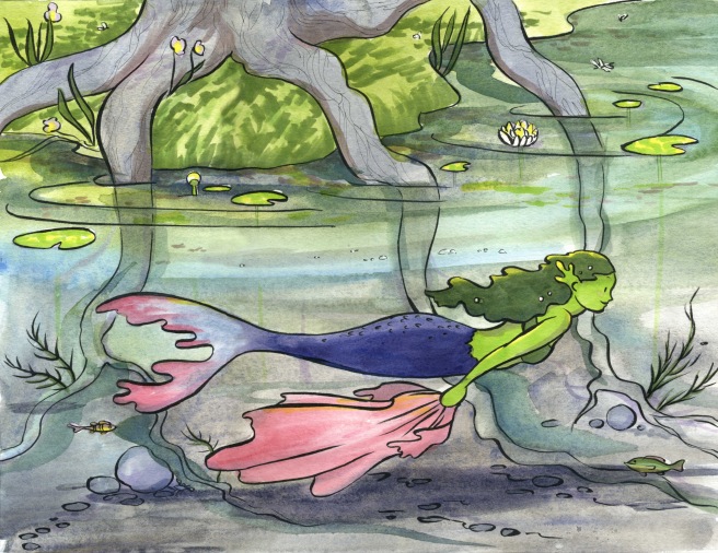 Mermaid takes pink dress underwater in lake Mermaid Days Carmen Wood comic graphic novel webcomic mermaid art summer lake fantasy magic lgbtqia+ comic YA queer kidlit children’s illustration illustrator